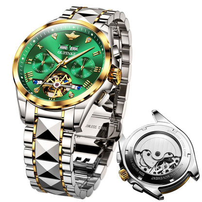 Relojes OUPINKE para hombre, automáticos, de lujo, con diamantes, esqueleto, mecánicos, para hombre, de acero inoxidable, de dos tonos, para negocios, resistentes al agua y luminosos 