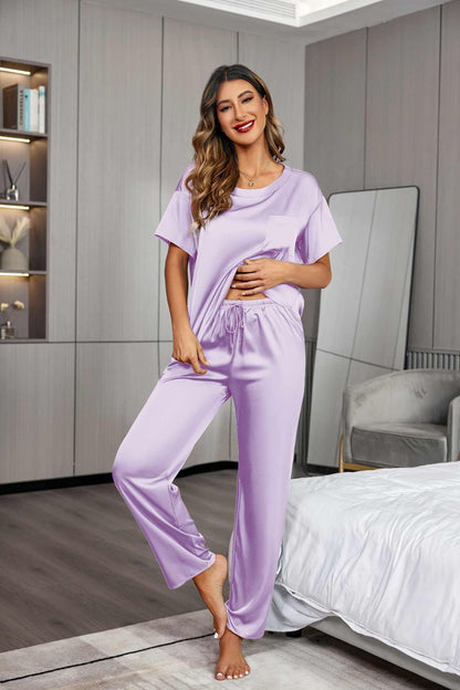 Ensemble de pyjama en satin soyeux pour femmes Ekouaer, chemise à manches courtes avec pantalon de pyjama long, vêtements de détente doux