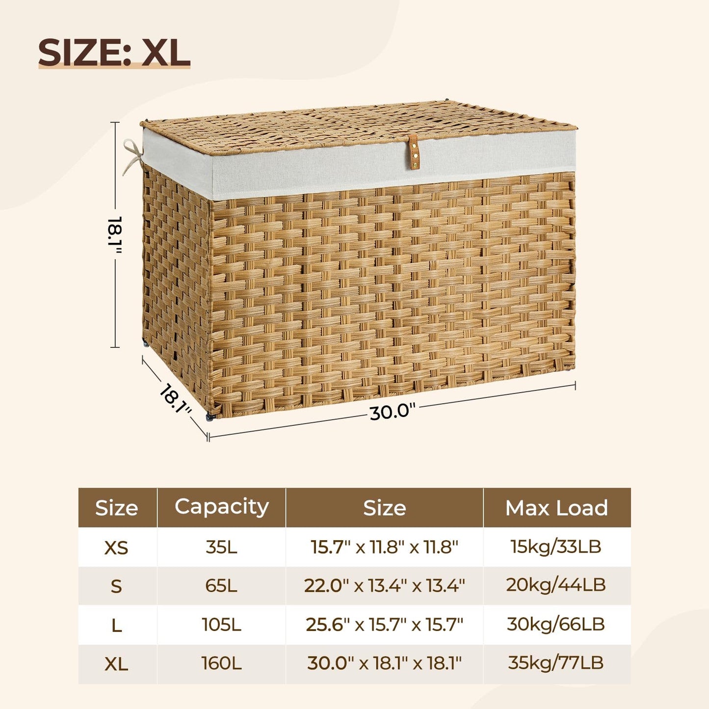 Panier de rangement Greenstell avec couvercle, grand panier à étagères tissé à la main de 65 L avec doublure en coton et cadre en métal, pliable et facile à installer, panier de rangement avec poignée pour chambre à coucher, buanderie