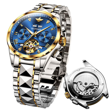 Relojes OUPINKE para hombre, automáticos, de lujo, con diamantes, esqueleto, mecánicos, para hombre, de acero inoxidable, de dos tonos, para negocios, resistentes al agua y luminosos 