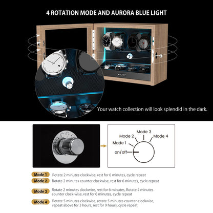 XTELARY Watch Winder for 4/6/8/12 Automatic Watches, Lockable Automatic Winders with Extra Watch Storages, 4 Rotation Modes, Flexible Watch Pillows, Quiet Mabuchi Motor, and Blue Backlight