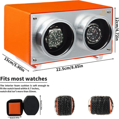 MOZSLY Double Watch Winder for Automatic Watches 12 Rotation Modes with Quiet Motor Battery Powered AC Adapter Orange Leather