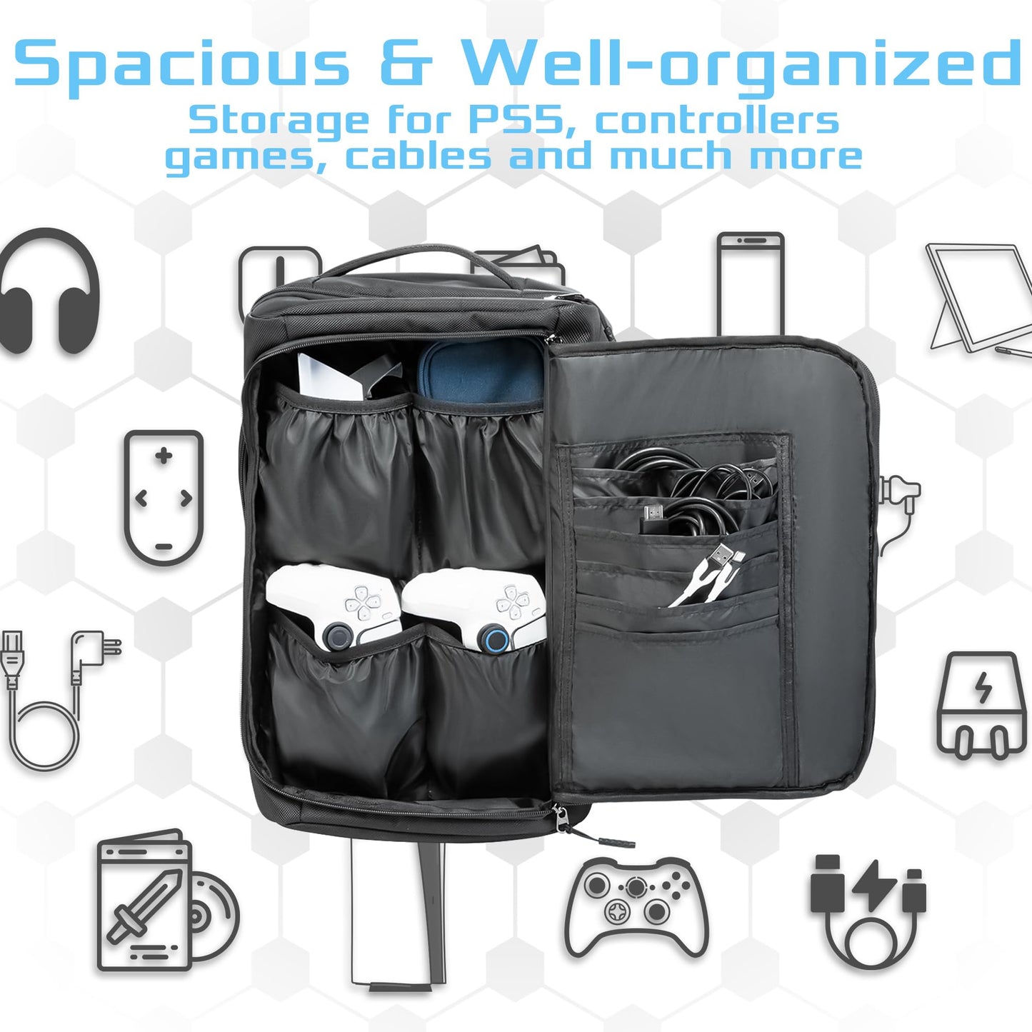 Sac à dos de jeu Ezgnuk pour console PS5, étui de transport de protection, sac de rangement de grande capacité avec poche zippée pour PlayStation 5, ordinateur portable, écouteurs, disques de jeu et accessoires （Noir） 