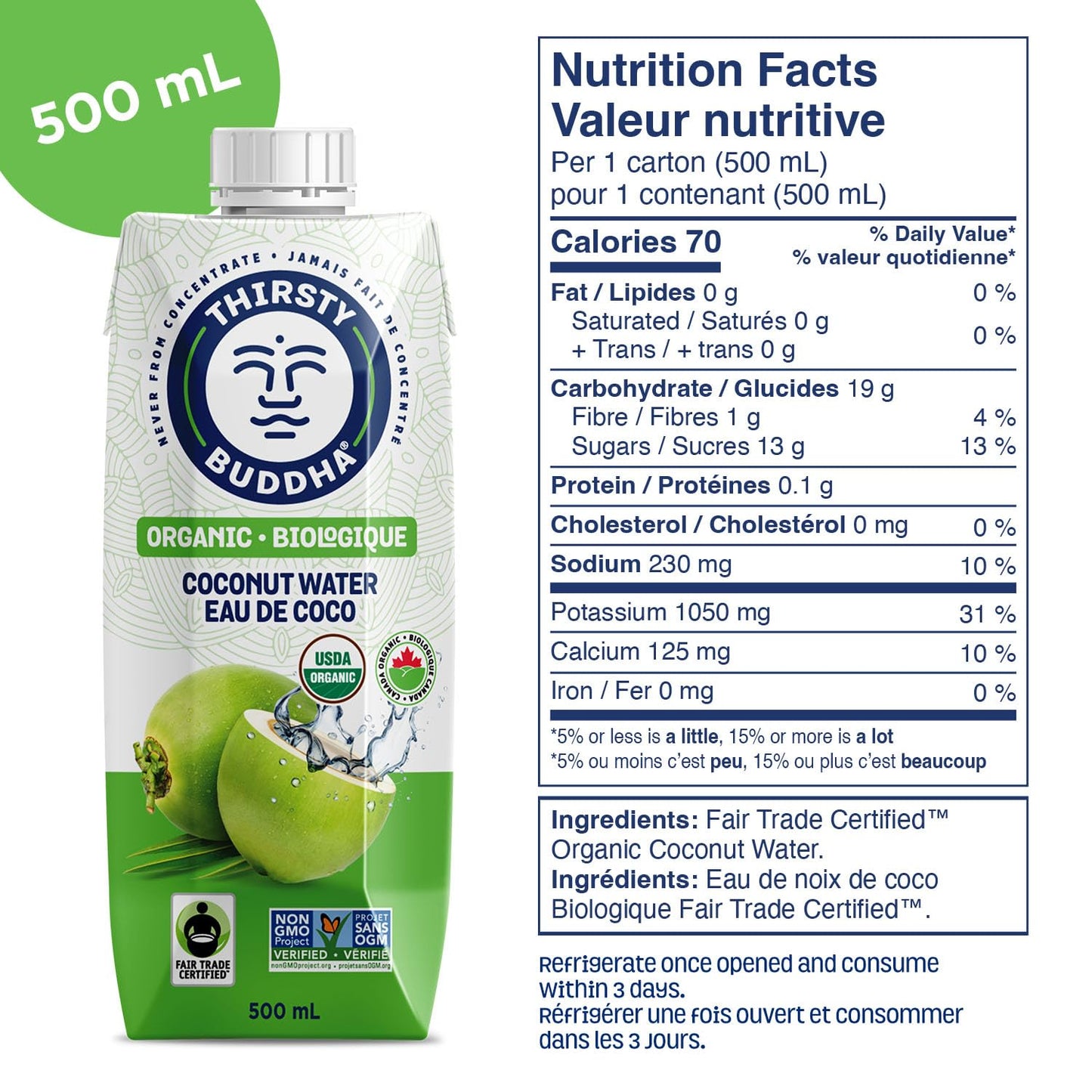 THIRSTY BUDDHA Coconut Water - Pure Coconut Water- Premium Coconut Water- Organic Coconut Water- Fair Trade Certified Coconut Water- All Natural Hydration – Electrolytes – Sports Drink- No Added Sugar– Vegan –Non-GMO Coconut Water, 1L (6/1L)