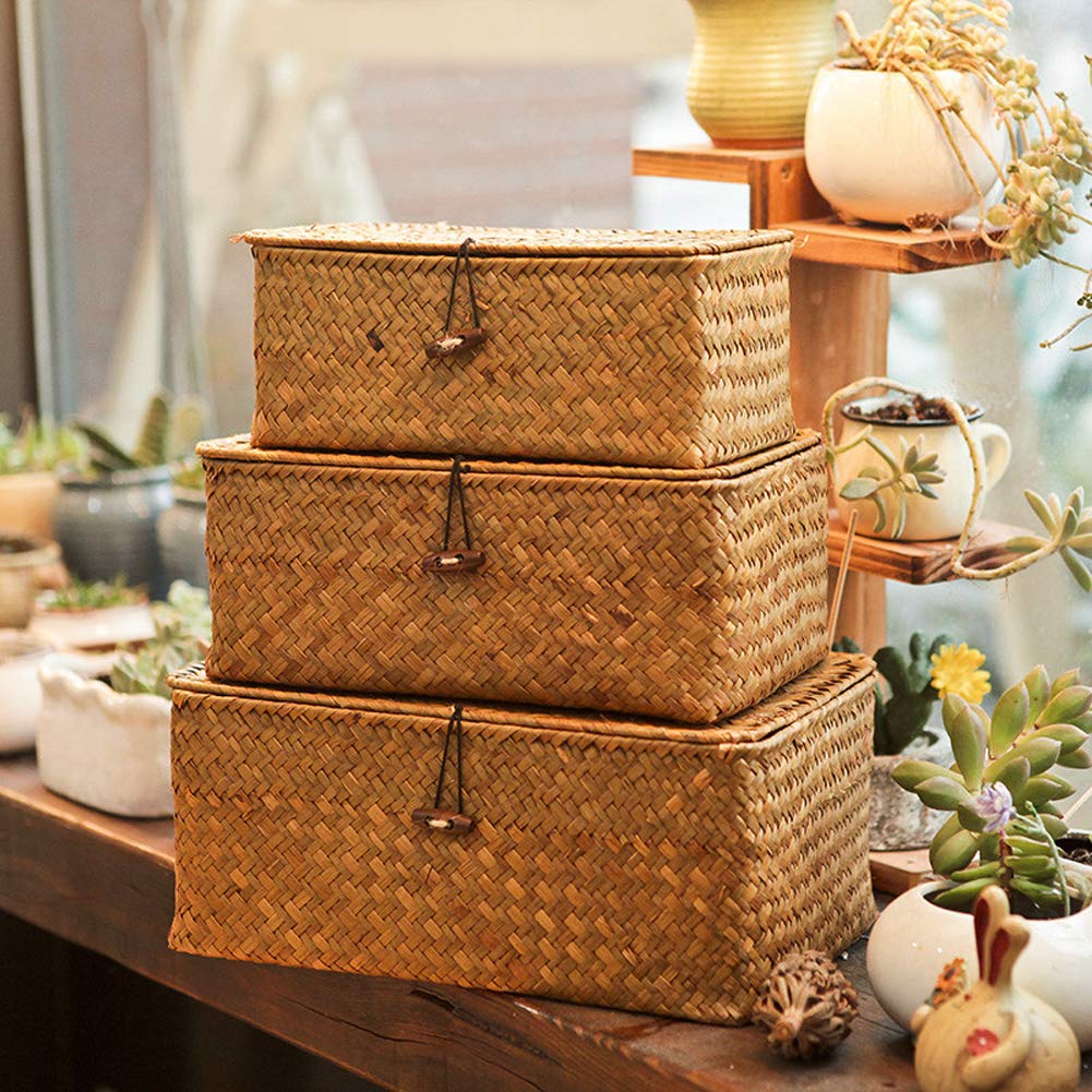 3 Pack Seagrass Baskets with Lid, Wicker Storage Baskets Flat Rattan Storage Bins, Woven Organizer Baskets for Shelf Closet Bedroom, Makeup Organizer Boxes