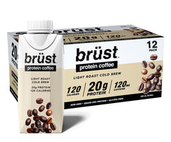 BRÜST PROTEIN COFFEE LIGHT ROAST - Pack de 12 (20 g de protéines, 120 mg de caféine, 120 calories) Léger, légèrement sucré, 330 ml, Brust Cold Brew Iced Coffee - COMME VU DANS DRAGON'S DEN 