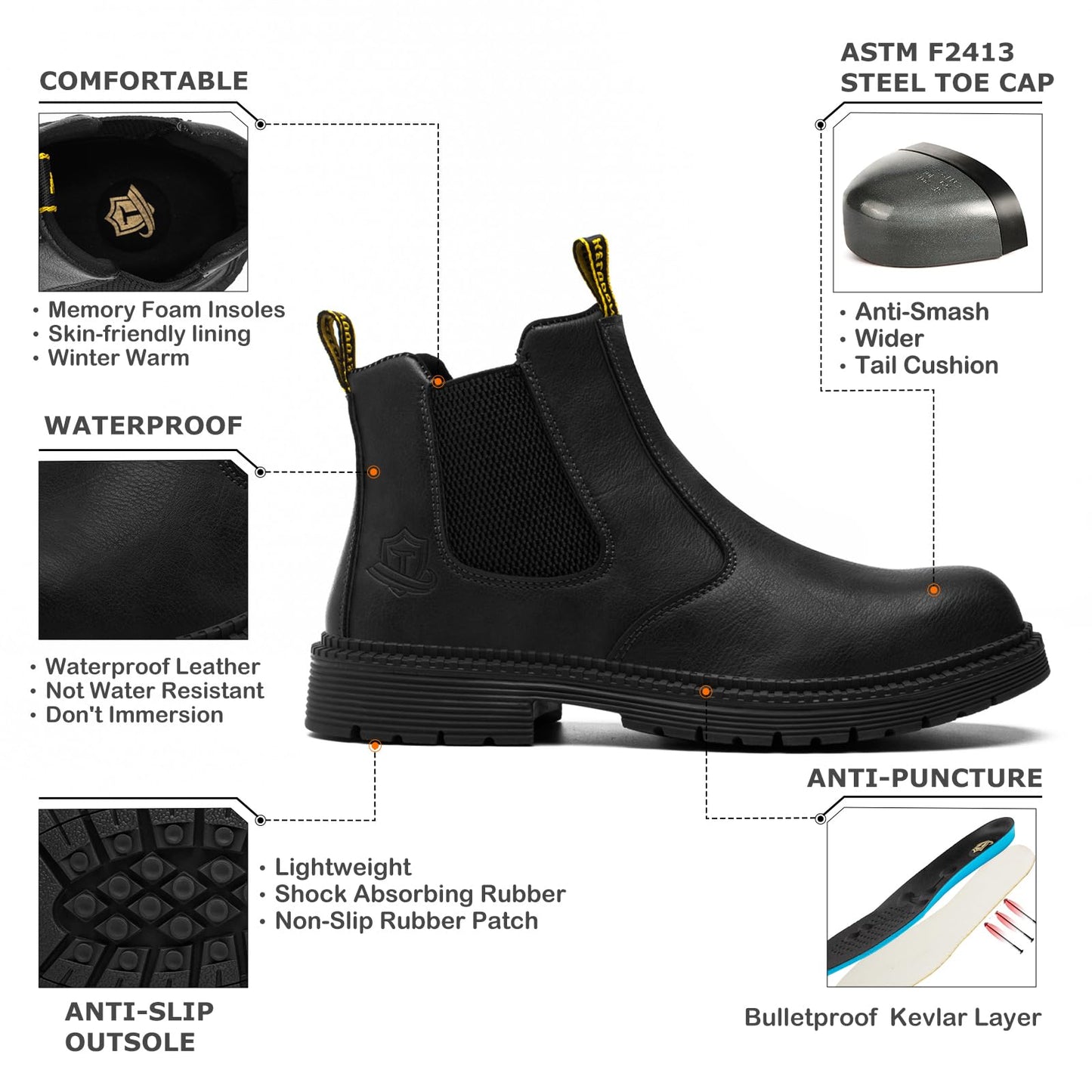 Bottes à embout en acier imperméables KELODON pour hommes - Bottes de travail en cuir de 6 pouces Bottes de construction indestructibles Bottes de sécurité 