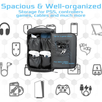 Sac à dos de jeu Ezgnuk pour console PS5, étui de transport de protection, sac de rangement de grande capacité avec poche zippée pour PlayStation 5, ordinateur portable, écouteurs, disques de jeu et accessoires （Noir） 