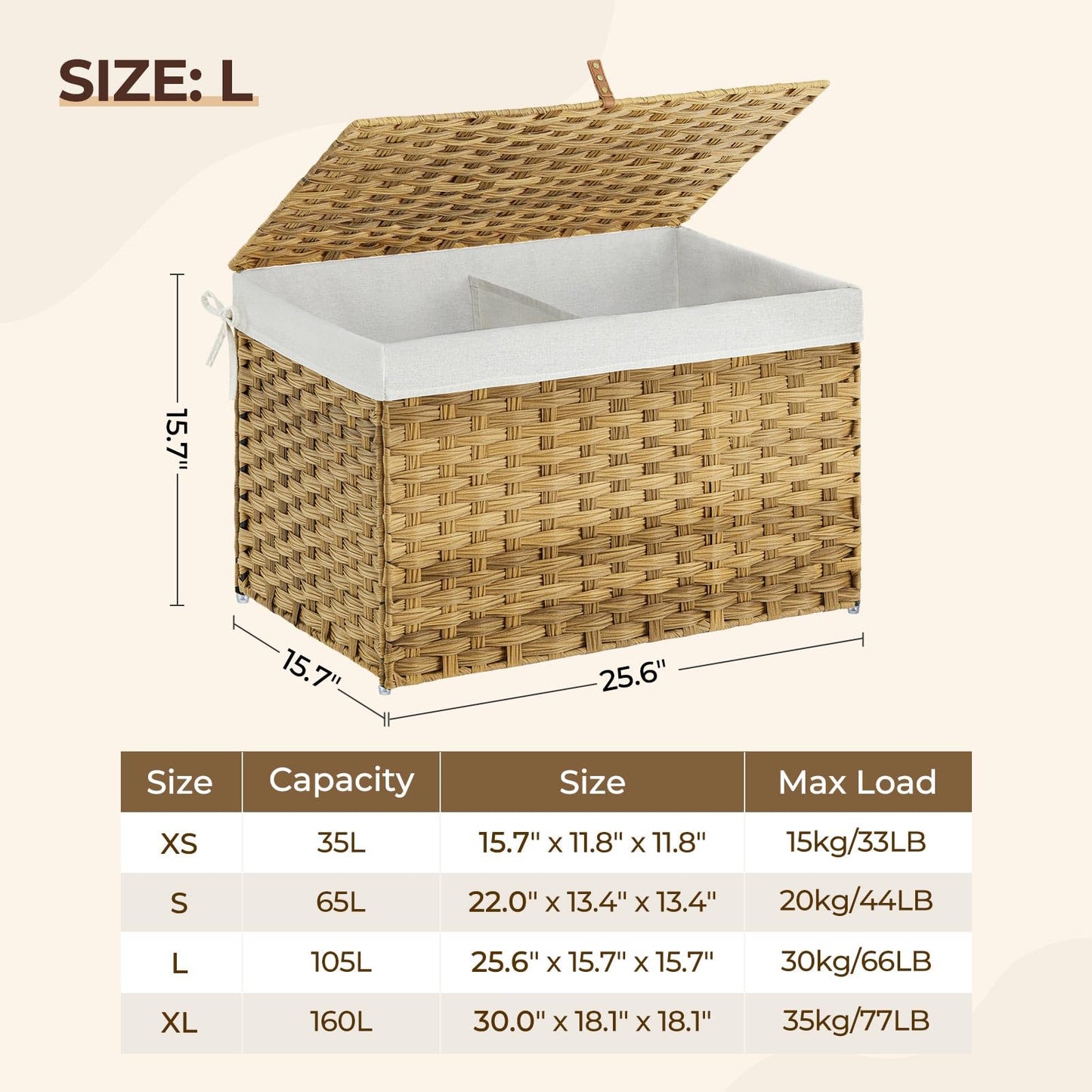 Panier de rangement Greenstell avec couvercle, grand panier à étagères tissé à la main de 65 L avec doublure en coton et cadre en métal, pliable et facile à installer, panier de rangement avec poignée pour chambre à coucher, buanderie