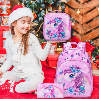 Lot de 3 sacs à dos à paillettes pour filles, sac à dos avec boîte à lunch, sac d'école maternelle pour enfants de 15 pouces pour élèves du primaire et du tout-petit - Koala vert 