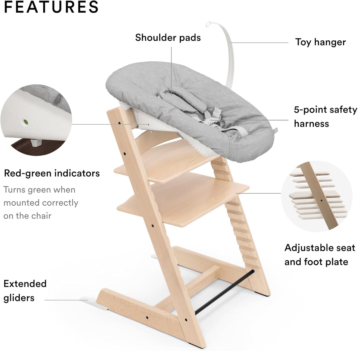 Silla Tripp Trapp de Stokke (natural) + conjunto para recién nacidos Tripp Trapp (gris): cómoda, segura y fácil de usar, para recién nacidos de hasta 20 libras 