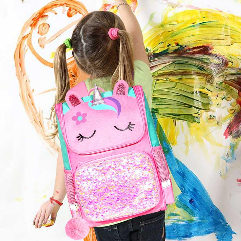 3PCS Kids Backpack for Girls, 15" Sequin Bookbag with Lunch Box, Leopard School Bag Set for Elementary Preschool Toddler