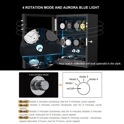 XTELARY Watch Winder for 4/6/8/12 Automatic Watches, Lockable Automatic Winders with Extra Watch Storages, 4 Rotation Modes, Flexible Watch Pillows, Quiet Mabuchi Motor, and Blue Backlight