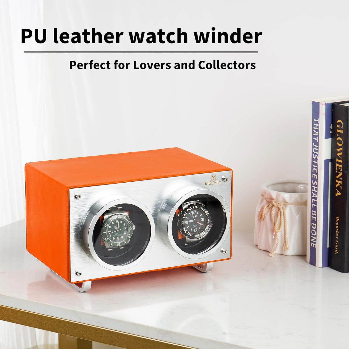 MOZSLY Double Watch Winder for Automatic Watches 12 Rotation Modes with Quiet Motor Battery Powered AC Adapter Orange Leather