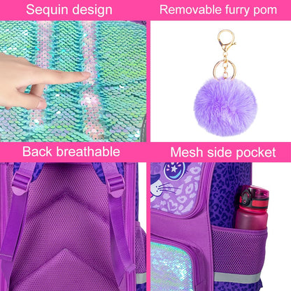 Lot de 3 sacs à dos à paillettes pour filles, sac à dos avec boîte à lunch, sac d'école maternelle pour enfants de 15 pouces pour élèves du primaire et du tout-petit - Koala vert 