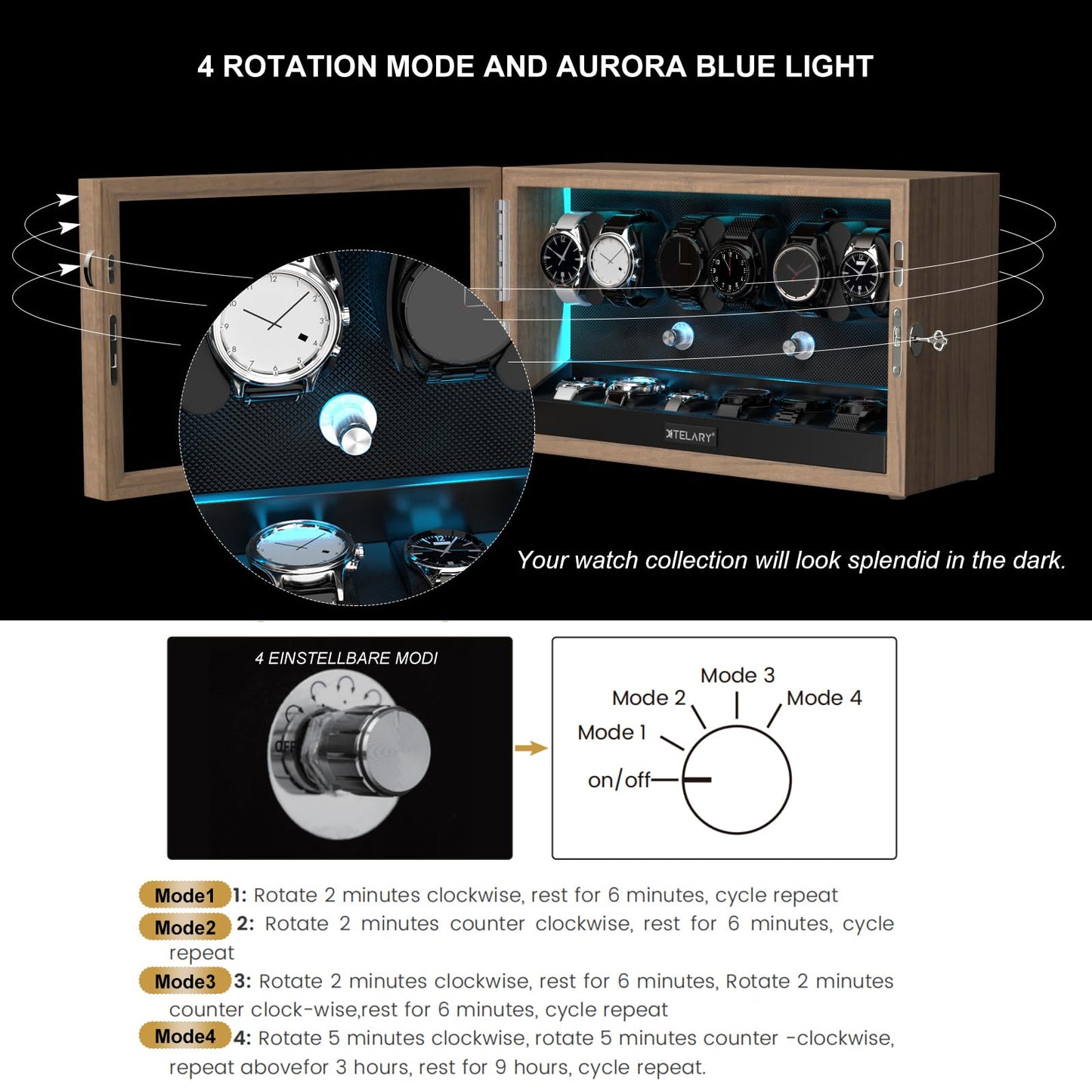 XTELARY Watch Winder for 4/6/8/12 Automatic Watches, Lockable Automatic Winders with Extra Watch Storages, 4 Rotation Modes, Flexible Watch Pillows, Quiet Mabuchi Motor, and Blue Backlight