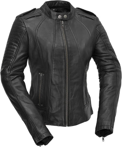 First Mfg Co - Biker - Women's Motorcycle Biker Riding Black Leather Jacket - Small - Action Back Armor Pockets Gussets Side Relief Zippers Vented