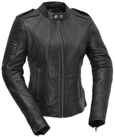 First Mfg Co - Biker - Women's Motorcycle Biker Riding Black Leather Jacket - Small - Action Back Armor Pockets Gussets Side Relief Zippers Vented