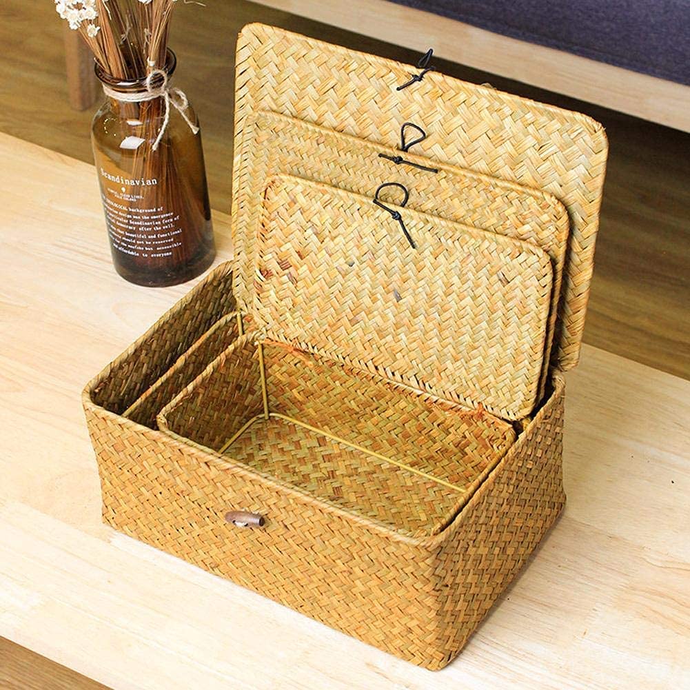 3 Pack Seagrass Baskets with Lid, Wicker Storage Baskets Flat Rattan Storage Bins, Woven Organizer Baskets for Shelf Closet Bedroom, Makeup Organizer Boxes