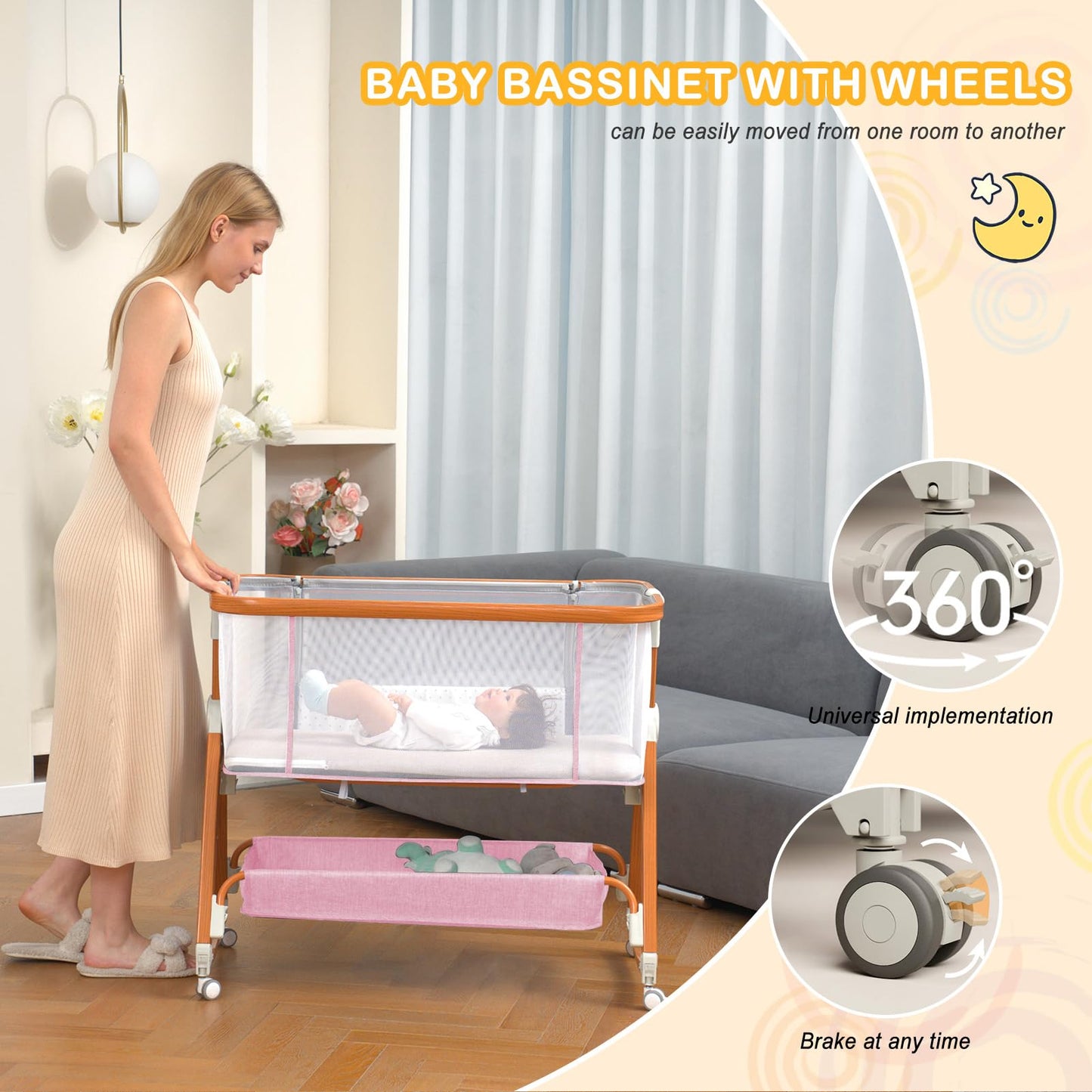 3 in 1 Bassinet,Baby Bassinets Bedside Sleeper with Musical Toy,Adjustable Height Bedside Bassinet for Baby with Wheels and Storage Basket,4-Sided Mesh Bedside Crib for Newborn 0-6 Months (Grey)