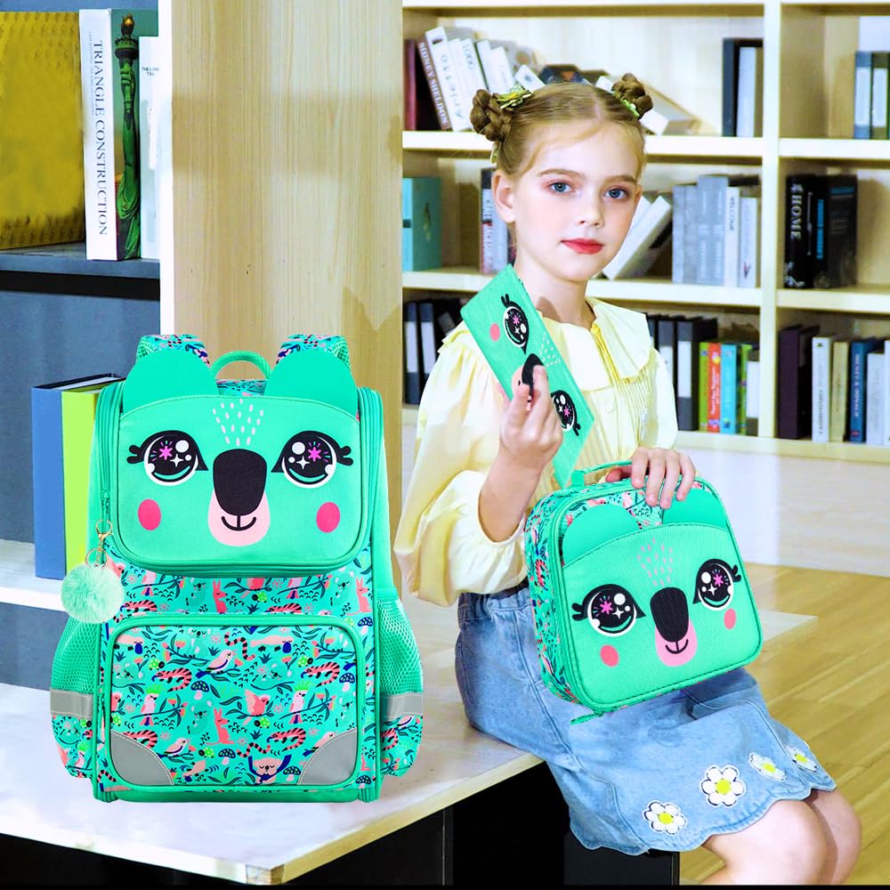 Lot de 3 sacs à dos à paillettes pour filles, sac à dos avec boîte à lunch, sac d'école maternelle pour enfants de 15 pouces pour élèves du primaire et du tout-petit - Koala vert 