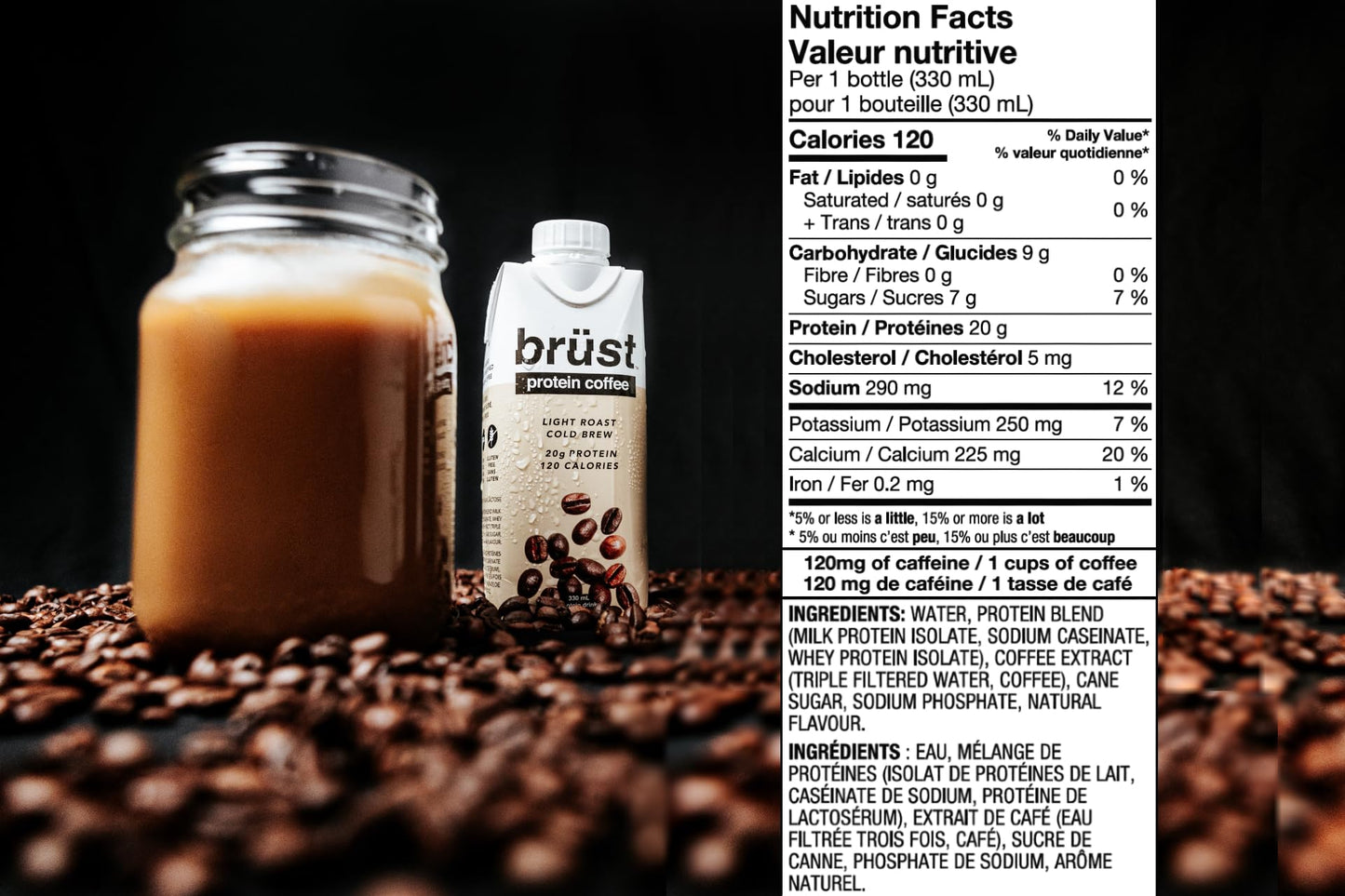 BRÜST PROTEIN COFFEE LIGHT ROAST - Pack de 12 (20 g de protéines, 120 mg de caféine, 120 calories) Léger, légèrement sucré, 330 ml, Brust Cold Brew Iced Coffee - COMME VU DANS DRAGON'S DEN 