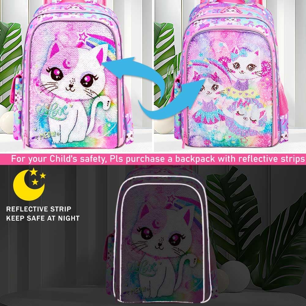 3PCS Kids Backpack for Girls, 15" Sequin Bookbag with Lunch Box, Leopard School Bag Set for Elementary Preschool Toddler