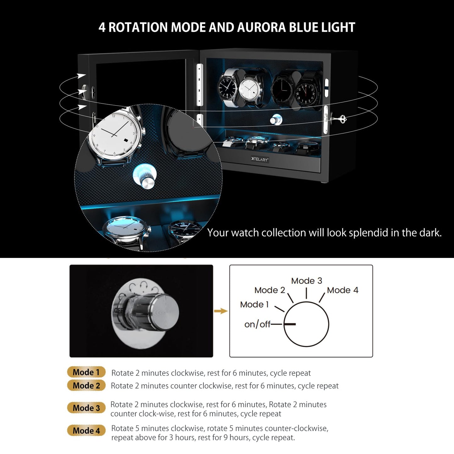 XTELARY Watch Winder for 4/6/8/12 Automatic Watches, Lockable Automatic Winders with Extra Watch Storages, 4 Rotation Modes, Flexible Watch Pillows, Quiet Mabuchi Motor, and Blue Backlight