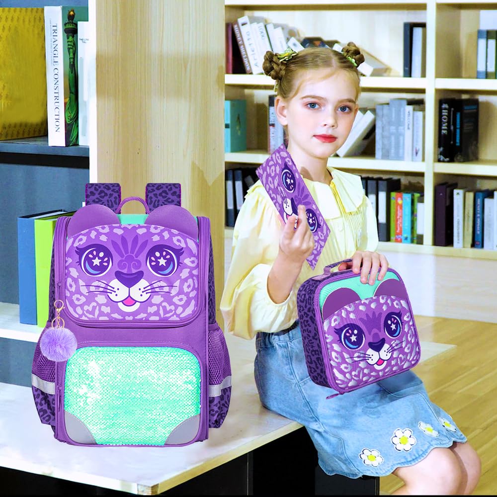 Lot de 3 sacs à dos à paillettes pour filles, sac à dos avec boîte à lunch, sac d'école maternelle pour enfants de 15 pouces pour élèves du primaire et du tout-petit - Koala vert 