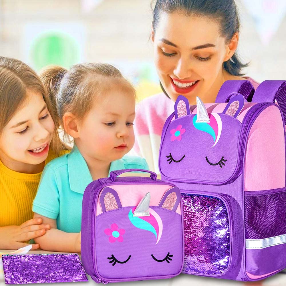 Lot de 3 sacs à dos à paillettes pour filles, sac à dos avec boîte à lunch, sac d'école maternelle pour enfants de 15 pouces pour élèves du primaire et du tout-petit - Koala vert 