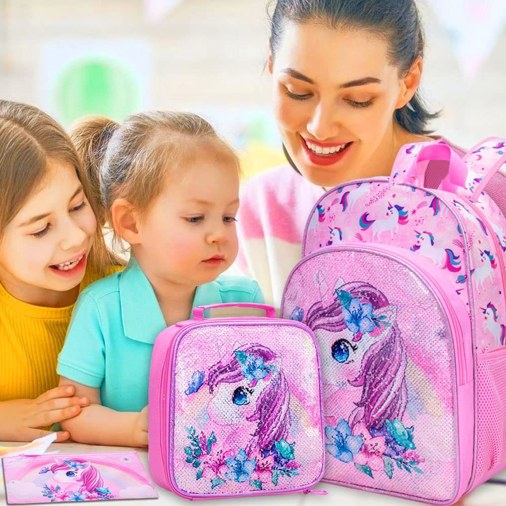 Lot de 3 sacs à dos à paillettes pour filles, sac à dos avec boîte à lunch, sac d'école maternelle pour enfants de 15 pouces pour élèves du primaire et du tout-petit - Koala vert 