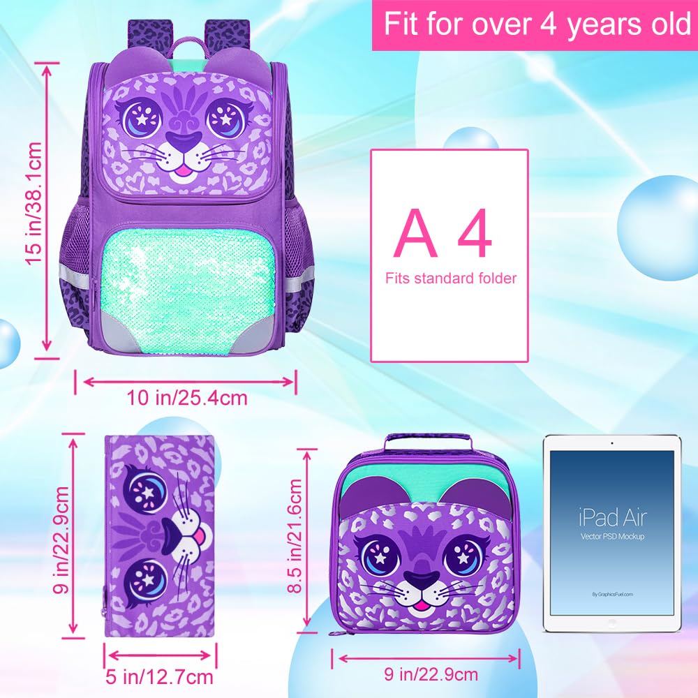 Lot de 3 sacs à dos à paillettes pour filles, sac à dos avec boîte à lunch, sac d'école maternelle pour enfants de 15 pouces pour élèves du primaire et du tout-petit - Koala vert 