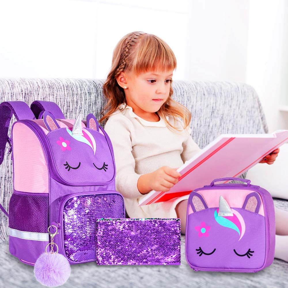 Lot de 3 sacs à dos à paillettes pour filles, sac à dos avec boîte à lunch, sac d'école maternelle pour enfants de 15 pouces pour élèves du primaire et du tout-petit - Koala vert 