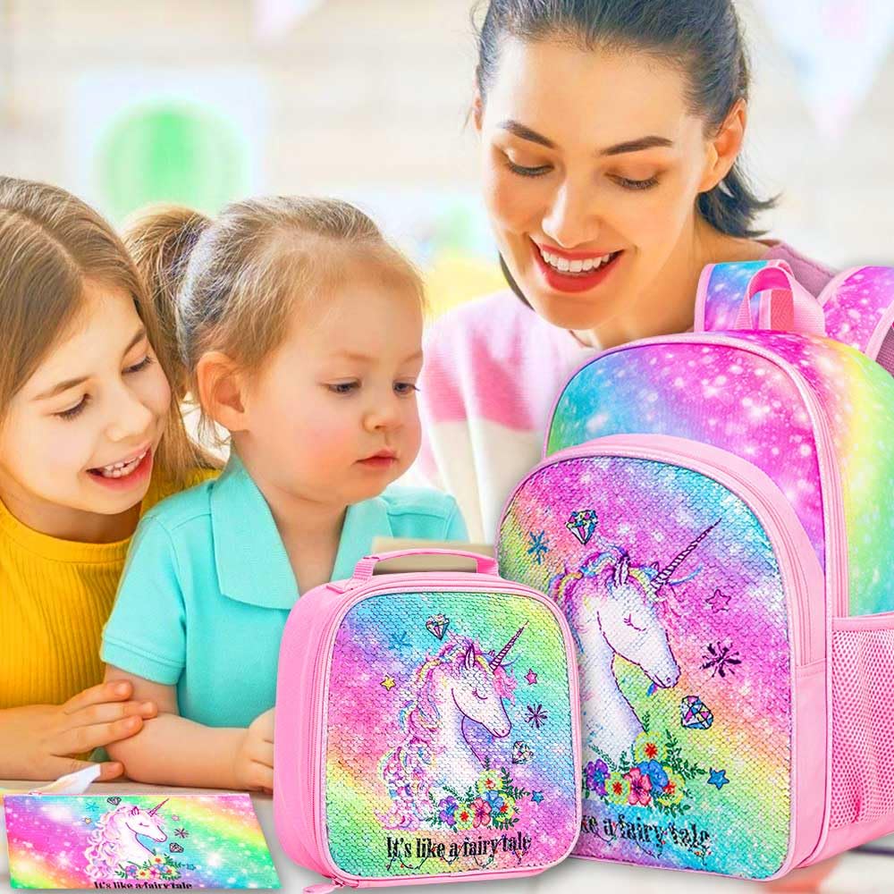 Lot de 3 sacs à dos à paillettes pour filles, sac à dos avec boîte à lunch, sac d'école maternelle pour enfants de 15 pouces pour élèves du primaire et du tout-petit - Koala vert 