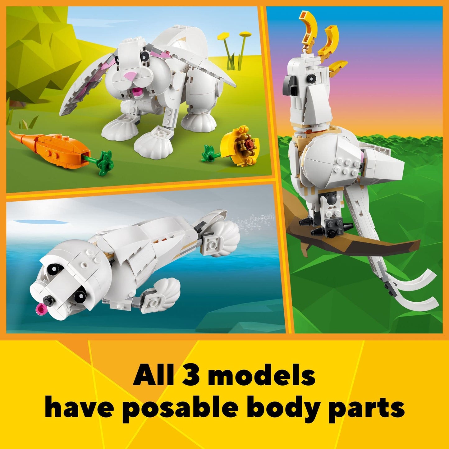 LEGO Creator 3 en 1 Ensemble de construction d'animaux Lapin blanc, jouet STEM pour enfants de 8 ans et plus, se transforme de lapin en phoque en perroquet, jouet de construction créatif pour garçons et filles, 31133 