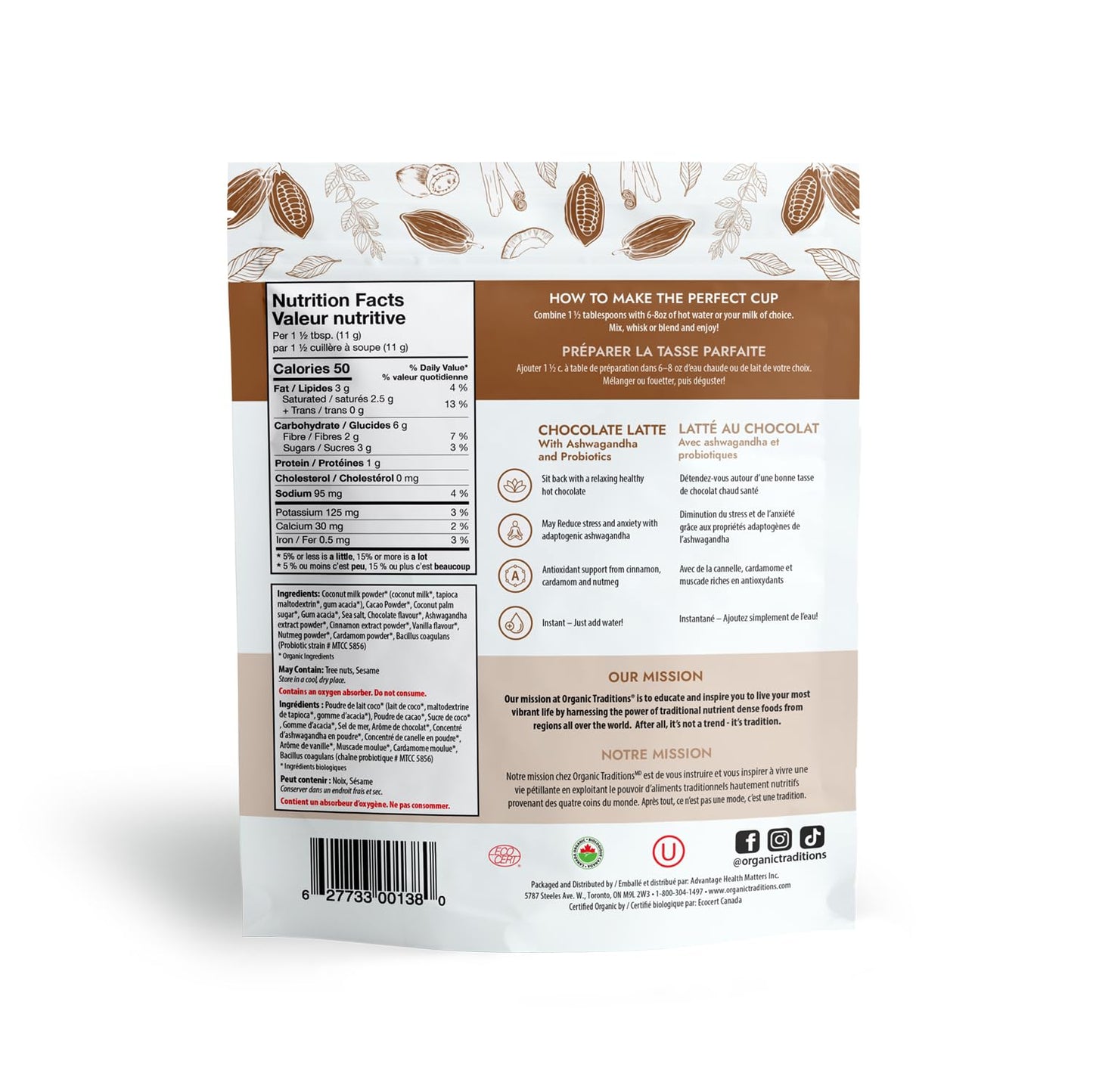 Latte au chocolat superalimentaire avec ashwagandha d'Organic Traditions, mélange de boissons sans caféine et sans produits laitiers pour chocolat chaud et glacé, sachet de 150 g/5,3 oz 