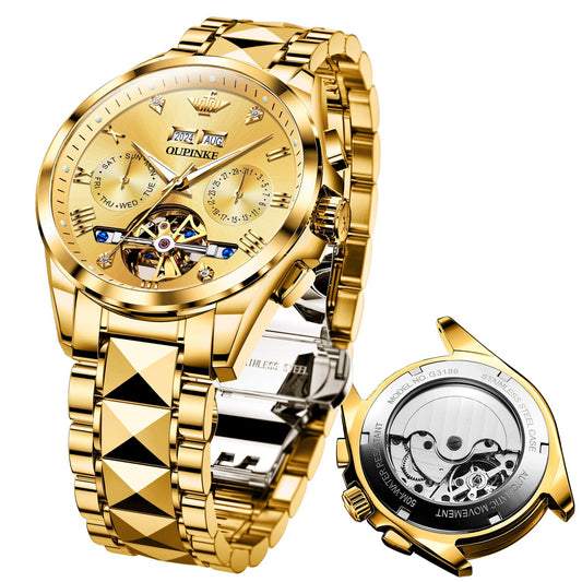 OUPINKE Watches for Mens Automatic Luxury Dress Diamond Skeleton Mechanical Male Watches Two Tone Stainless Steel Watches Business Waterproof Luminous