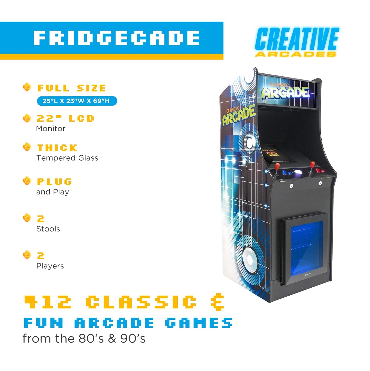 Creative Arcades Full-Size Commercial Grade 2-Player Cabinet Arcade Machines with Built-in Fridge (4500 Games, Trackball)