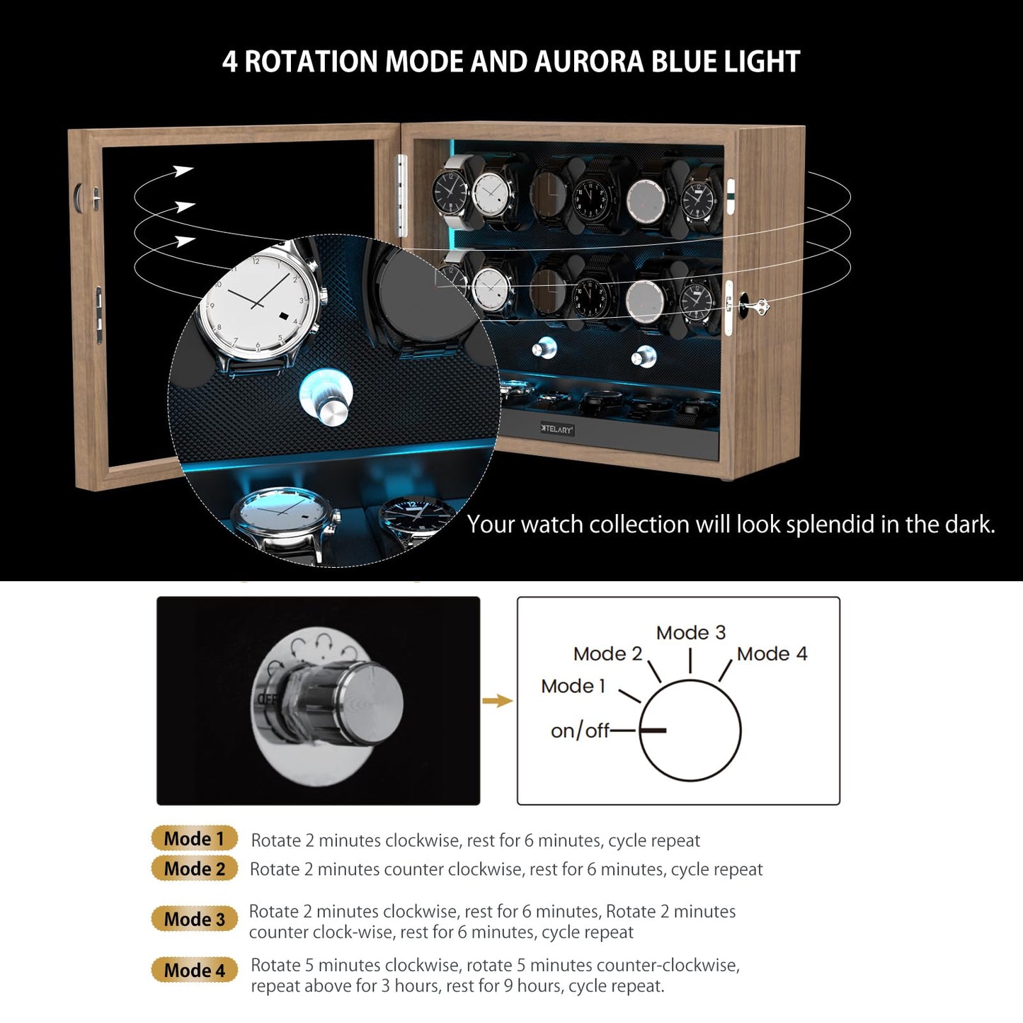 XTELARY Watch Winder for 4/6/8/12 Automatic Watches, Lockable Automatic Winders with Extra Watch Storages, 4 Rotation Modes, Flexible Watch Pillows, Quiet Mabuchi Motor, and Blue Backlight