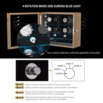 XTELARY Watch Winder for 4/6/8/12 Automatic Watches, Lockable Automatic Winders with Extra Watch Storages, 4 Rotation Modes, Flexible Watch Pillows, Quiet Mabuchi Motor, and Blue Backlight