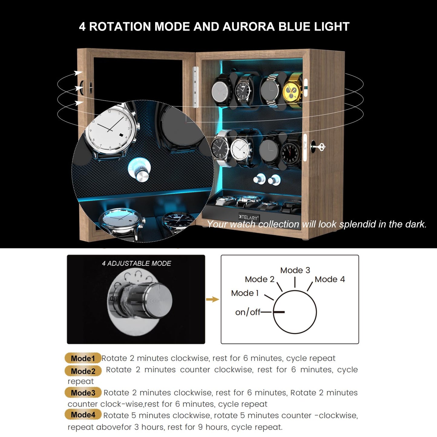 XTELARY Watch Winder for 4/6/8/12 Automatic Watches, Lockable Automatic Winders with Extra Watch Storages, 4 Rotation Modes, Flexible Watch Pillows, Quiet Mabuchi Motor, and Blue Backlight