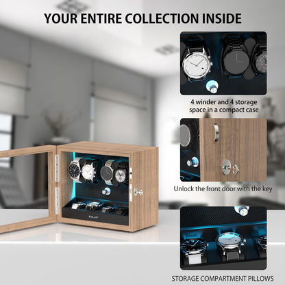 XTELARY Watch Winder for 4/6/8/12 Automatic Watches, Lockable Automatic Winders with Extra Watch Storages, 4 Rotation Modes, Flexible Watch Pillows, Quiet Mabuchi Motor, and Blue Backlight