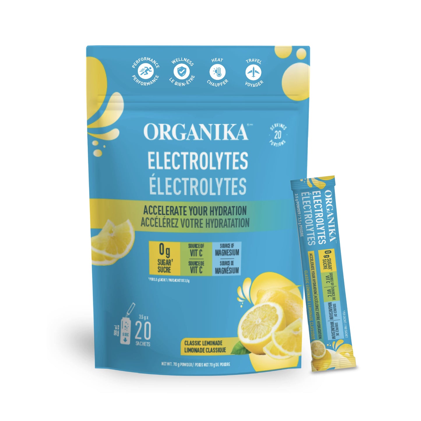 Poudre d'électrolytes Organika - Sachets de limonade rose - Hydratation sans sucre à emporter et réapprovisionnement en électrolytes avec prébiotiques et vitamine C 3,5 g x 20 ct 