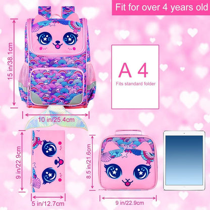 3PCS Kids Backpack for Girls, 15" Sequin Bookbag with Lunch Box, Leopard School Bag Set for Elementary Preschool Toddler