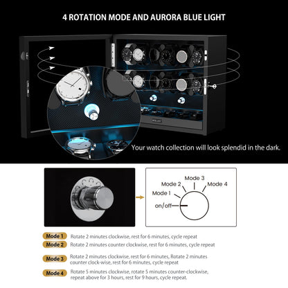 XTELARY Watch Winder for 4/6/8/12 Automatic Watches, Lockable Automatic Winders with Extra Watch Storages, 4 Rotation Modes, Flexible Watch Pillows, Quiet Mabuchi Motor, and Blue Backlight