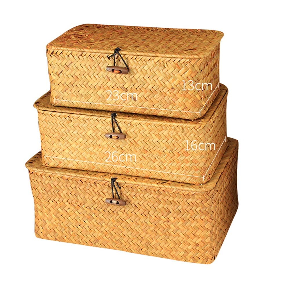 3 Pack Seagrass Baskets with Lid, Wicker Storage Baskets Flat Rattan Storage Bins, Woven Organizer Baskets for Shelf Closet Bedroom, Makeup Organizer Boxes