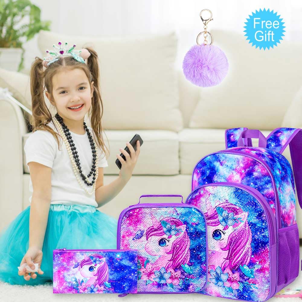 3PCS Kids Backpack for Girls, 15" Sequin Bookbag with Lunch Box, Leopard School Bag Set for Elementary Preschool Toddler