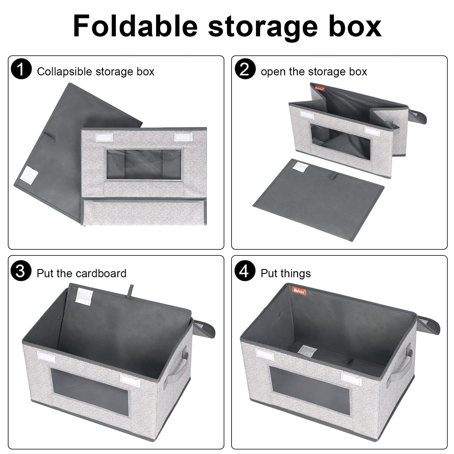 Univivi - Cestas de almacenamiento apilables con tapa y asas, 4 unidades, de tela, gran capacidad de carga, plegables, grandes, para el hogar y el armario (gris, 17 x 12 x 12 pulgadas) 