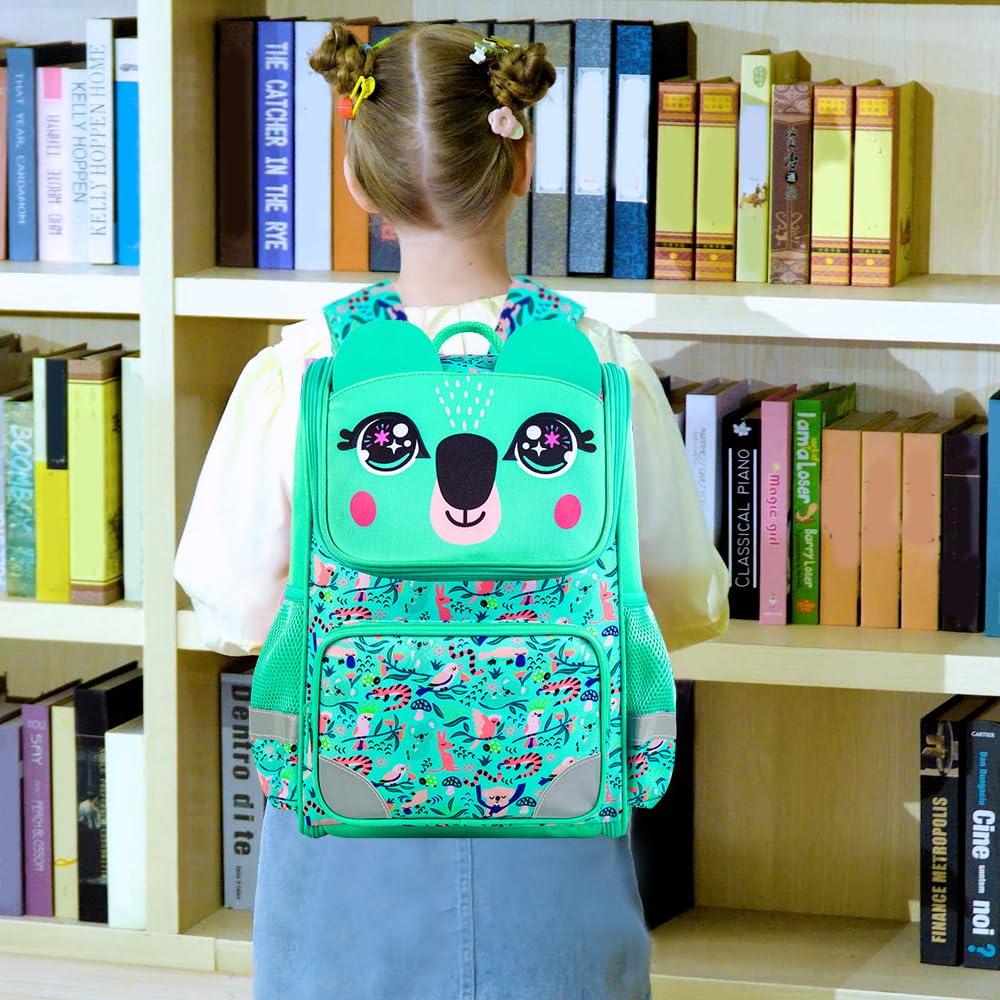 Lot de 3 sacs à dos à paillettes pour filles, sac à dos avec boîte à lunch, sac d'école maternelle pour enfants de 15 pouces pour élèves du primaire et du tout-petit - Koala vert 