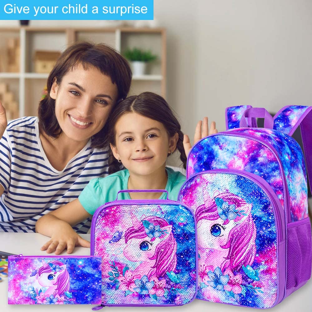 3PCS Kids Backpack for Girls, 15" Sequin Bookbag with Lunch Box, Leopard School Bag Set for Elementary Preschool Toddler